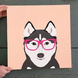 dog square canvas, siberian husky with pink hipster glasses, funny dog canvas print, dog wall art canvas