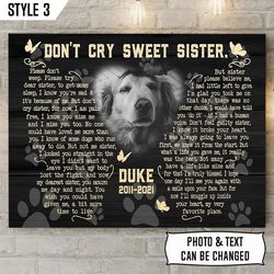 don't cry sweet sister dog poem matte canvas poster, canvas painting, dog lovers gifts