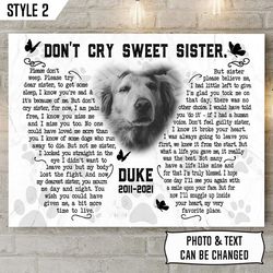 don't cry sweet sister dog poem matte canvas poster, canvas painting, gift for dog lovers