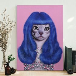 portrait canvas, cat canvas wall art, cats canvas, cat with blue hair, canvas with cat on it, cat canvas print