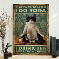 portrait canvas, funny cat yoga tea canvas print wall art, black cat yoga poster, cat lover poster