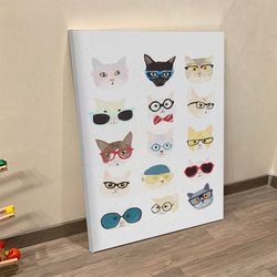 portrait canvas, hip cat wall art, wall art print, silly cat poses with glasses painting, cats canvas