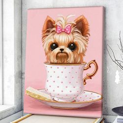 portrait canvas, yorkie in a teacup, canvas print, dog canvas print, dog wall art canvas