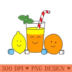 cute kawaii lemonade team lemon and orange fruit - unique png artwork