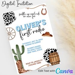 boy first rodeo digital invitation | editable text with canva | you save | you download | you print | digital file only