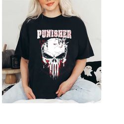 marvel the punisher skull and red streaked logo tshirt, frank castle marvel disneyland vacation trip gift unisex adult