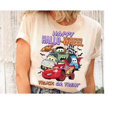 retro disney cars lightning mcqueen halloween shirt, disney pixar cars happy hallowheel truck or treat shirt, disneylan