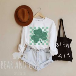 checkered four leaf clover st patricks sweatshirt, st patricks day shirt, shamrock crewneck, retro st patricks day shirt