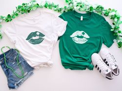 lucky shamrock st patricks day shirts, matching st pattys day party outfits for friend group, four leaf clover lips shir