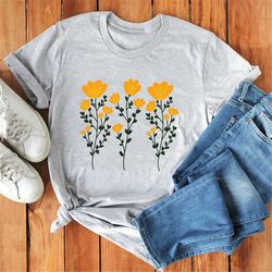 yellow flowers and stems shirt, cute boho yellow flowers, women flower shirt