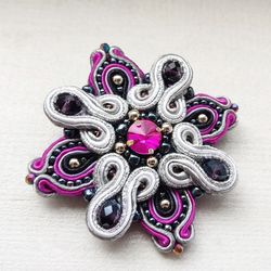 pink brooch, beaded brooch, embroidered brooch