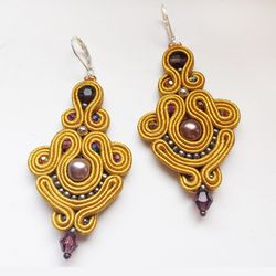 Golden Earrings, Long Dangle Earrings, Soutache Earrings, Bead Embroidered