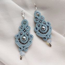 light blue statement earrings, wedding bridal earrings, bohemian embroidered chandelier long dangle earrings