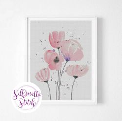 poppies watercolor cross stitch pattern - modern cross stitch pattern - counted cross stitch pattern - hand embroidery -