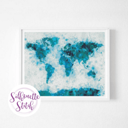 world map watercolor cross stitch pattern - counted cross stitch pattern - hand embroidery - digital pdf file - pdf inst