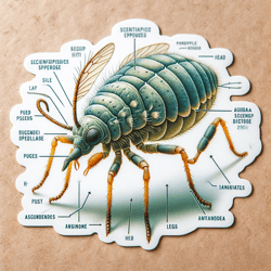 image of an educational sticker featuring a detailed illustration of an aphid