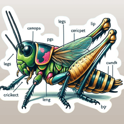 sticker featuring a detailed illustration of a cricket  image of an educational