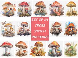 mushrooms cross stitch patterns set of 14 counted embroidery pattern, easy cross stitch, autumn embroidery, simple cross