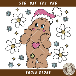 christmas bear wearing santa hat with flowers  and  snowflakes svg