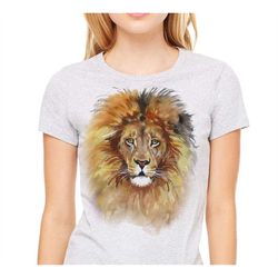 lion t-shirt, lion tee, lion shirt colorful watercolor image of lion printed on a heather gray t-shirt, womens t-shirt