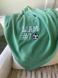 embroidered personalized soccer blanket, personalized sports blanket, soccer number blanket, personalized soccer blanket