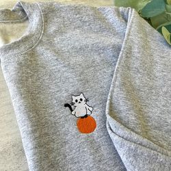 halloween ghost cat on pumpkin embroidered hoodie, halloween cat sweatshirt, trendy halloween sweatshirt, embroidered sw