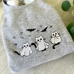 halloween ghost cats hoodie, halloween cat sweatshirt, trendy halloween sweatshirt, embroidered sweatshirt, cute sweatsh