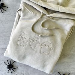 halloween ghosts embroidered hoodie, ghosts hoodie, tan, brown, trendy halloween hoodie for halloween, embroidered hoodi