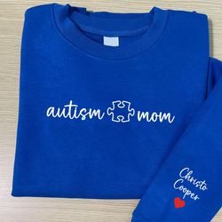 embroidered autism mom, i wear my heart on my sleeve sweatshirt with kids names custom embroidery mom hoodie, mom gift p