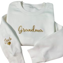 embroidered grandma sweatshirt, mama hoodie, i wear my heart on my sleeve, kids names on sleeve, custom embroidery mom h