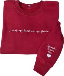 embroidered i wear my heart on my sleeve sweatshirt with kids names on sleeve, custom embroidery mom hoodie, mom gift pe