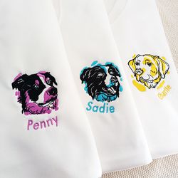 colorful embroidered pet portrait white crewneck,custom pet from your photo embroidered white sweatshirt,custom pet cart