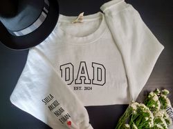 comfort colors custom embroidered dad sweatshirt with kids names on sleeve, embroidered sweatshirt for dad, personalized