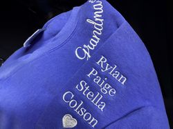 comfort colors custom embroidered grandma sweatshirt with grandkids names on sleeve, grandma embroidered sweatshirt,gran