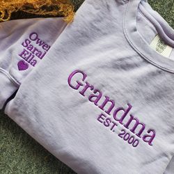 comfort colors custom embroidered grandma sweatshirt with grandkids names on sleeve, grandma est sweatshirt, mothers day