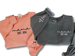 comfort colors custom embroidered mama est 2024 sweatshirt, mama est sweatshirt with kid name, mama crewneck embroidered