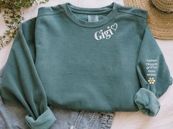 comfort colors custom gigi embroidered sweatshirt with names on the sleeve, gigi crewneck, gigi crew shirt, neckline emb