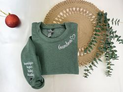 custom embroidered grandma sweatshirt with grandkids names on sleeve, personalized minimalist gift grandma sweatshirt or