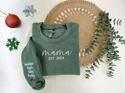 custom embroidered mama sweatshirt with date and kids names on sleeve, personalized minimalist mama est gift, custom new