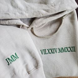 custom embroidered roman numeral hoodie, matching sweatshirt embroidered, personalized date and initial, anniversary dat