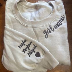 custom girl mama embroidered sweatshirt with kids name on sleeve, personalized girl mama crewneck, mommy crewneck, mom l