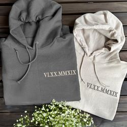 custom date and initial embroidered sweatshirt, roman numeral hoodie, engagement gifts for her