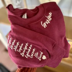 custom embroidered grandma sweatshirt with kids name on sleeve, nana sweatshirt, minimalist momma sweater, christmas gif