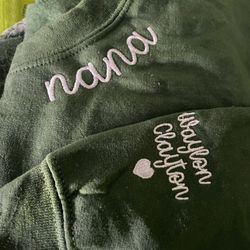 custom embroidered nana sweatshirt with kids name on sleeve, grandma sweatshirt, minimalist momma sweater, christmas gif