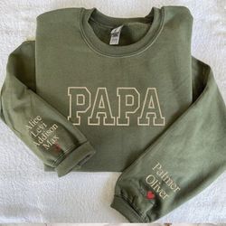 embroidered neutral papa sweatshirt, dad shirt with kids names on sleeve, varsity letter hoodie, christmas gift for dadd