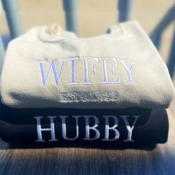 embroidered wifey and hubby sweatshirts, matching his and hers sweatshirts, date and initial hoodie, christmas gifts for