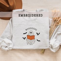 embroidered booooks sweatshirt, librarian sweatshirt, funny halloween book sweatshirt, ghost reading crewneck, book love