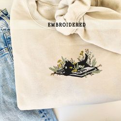 embroidered cat with book and flowers sweatshirt, cat lover gift, wildflower embroidery, book lover gift, embroider book
