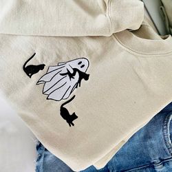 embroidered cats ghost sweatshirt, fall sweatshirt, ghost crewneck, cat lovers halloween sweatshirt, spooky season gift