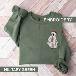 embroidered christmas ghost sweatshirt, ghost with coffee sweatshirt, funny embroidered crewneck, gift for coffee lovers